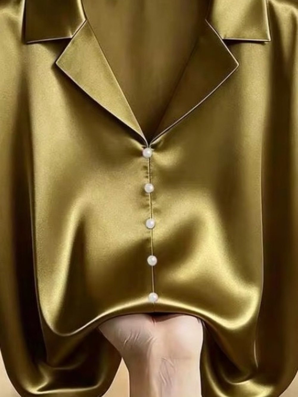 Satin Pearl-Button Blouse in Gold